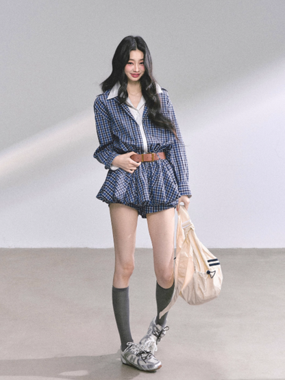 少也眼 Yale Preppy Puff Mini Dress Set with Shorts, Belt & Shawl (Navy)