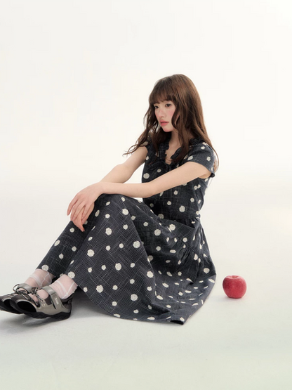 Navy Polka Dot Plaid Tie-Waist A-Line Dress LL2026095