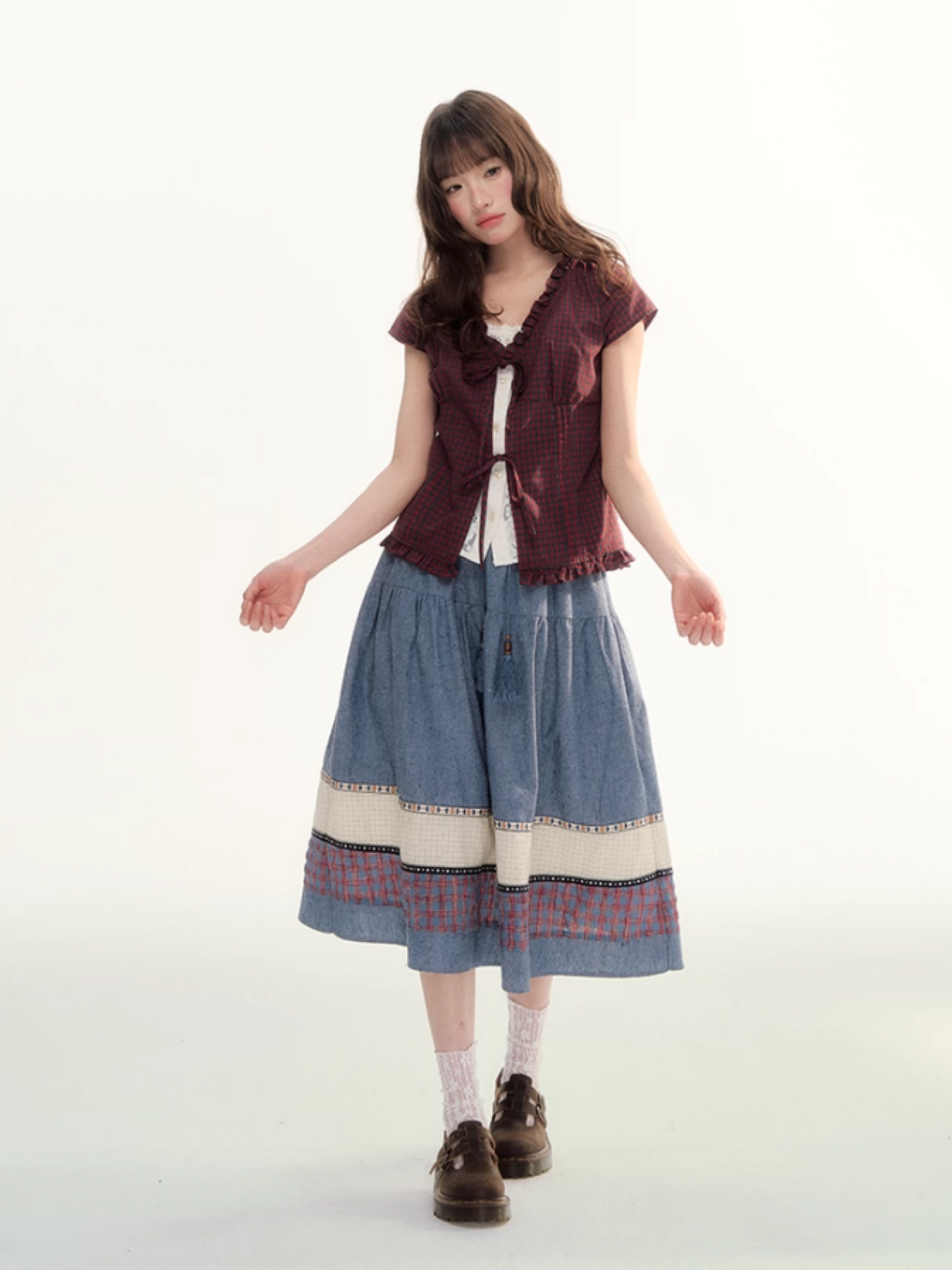 Red Plaid Lace Trim Tie-Front Blouse WW2026086