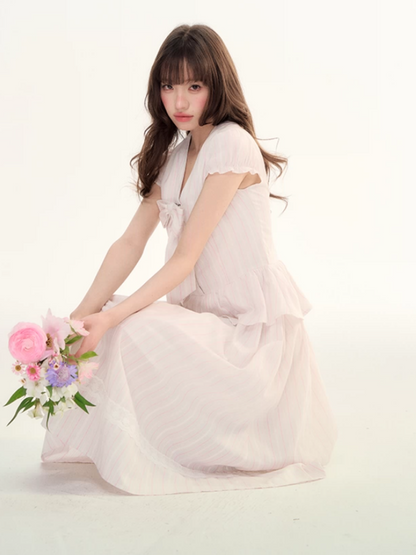 Pink Stripe Bow Detail Midi Dress LL2026080