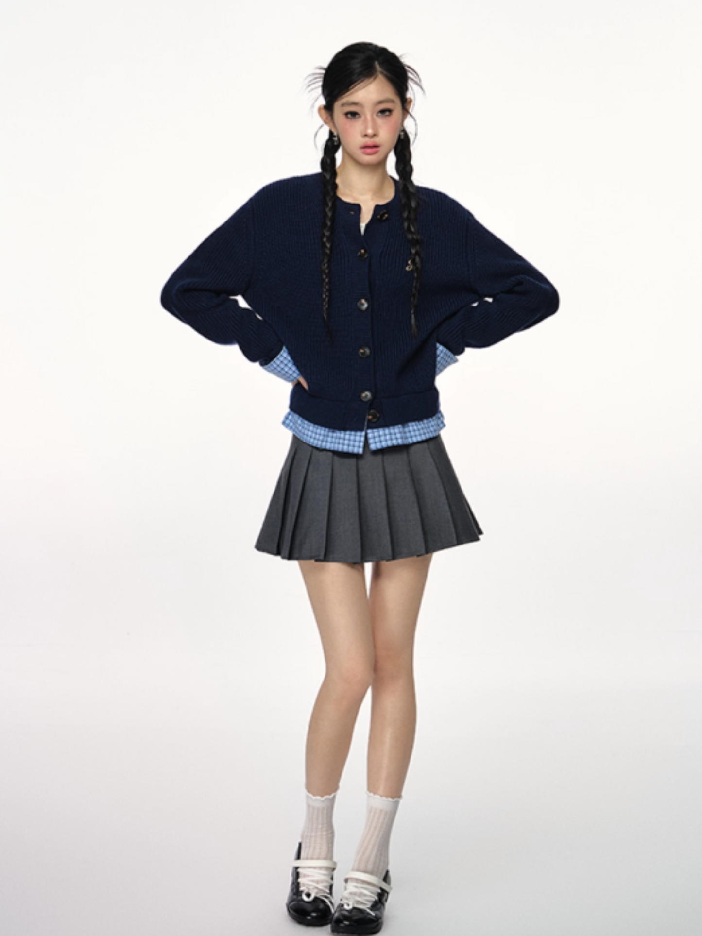 PCH - Tri-Color Layered Knit Cardigan with Contrast Panels (Navy Blue)
