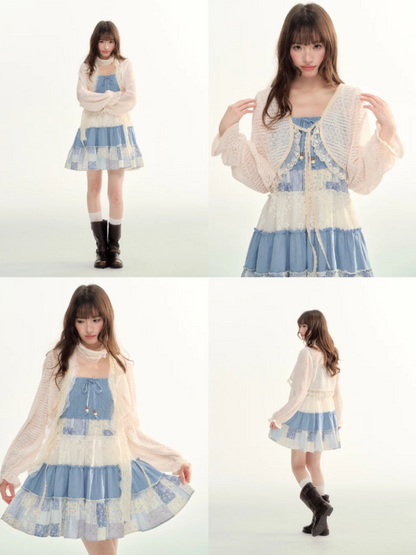 Blue Patchwork Tiered Smocked Dress LL2026106