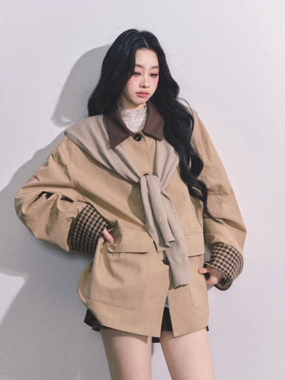"日暮巴塞尔" British Preppy Polo-Collar Trench Jacket