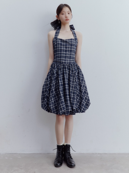 FUSSED Blue Mood Gathered Halter Dress – Dark Night Scottish Plaid FOF-25SS154
