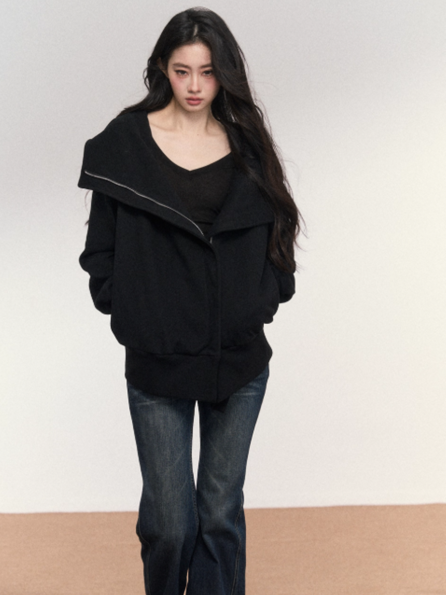 PCH - Cotton Zip-Up Hoodie with Detachable Collar (Black)