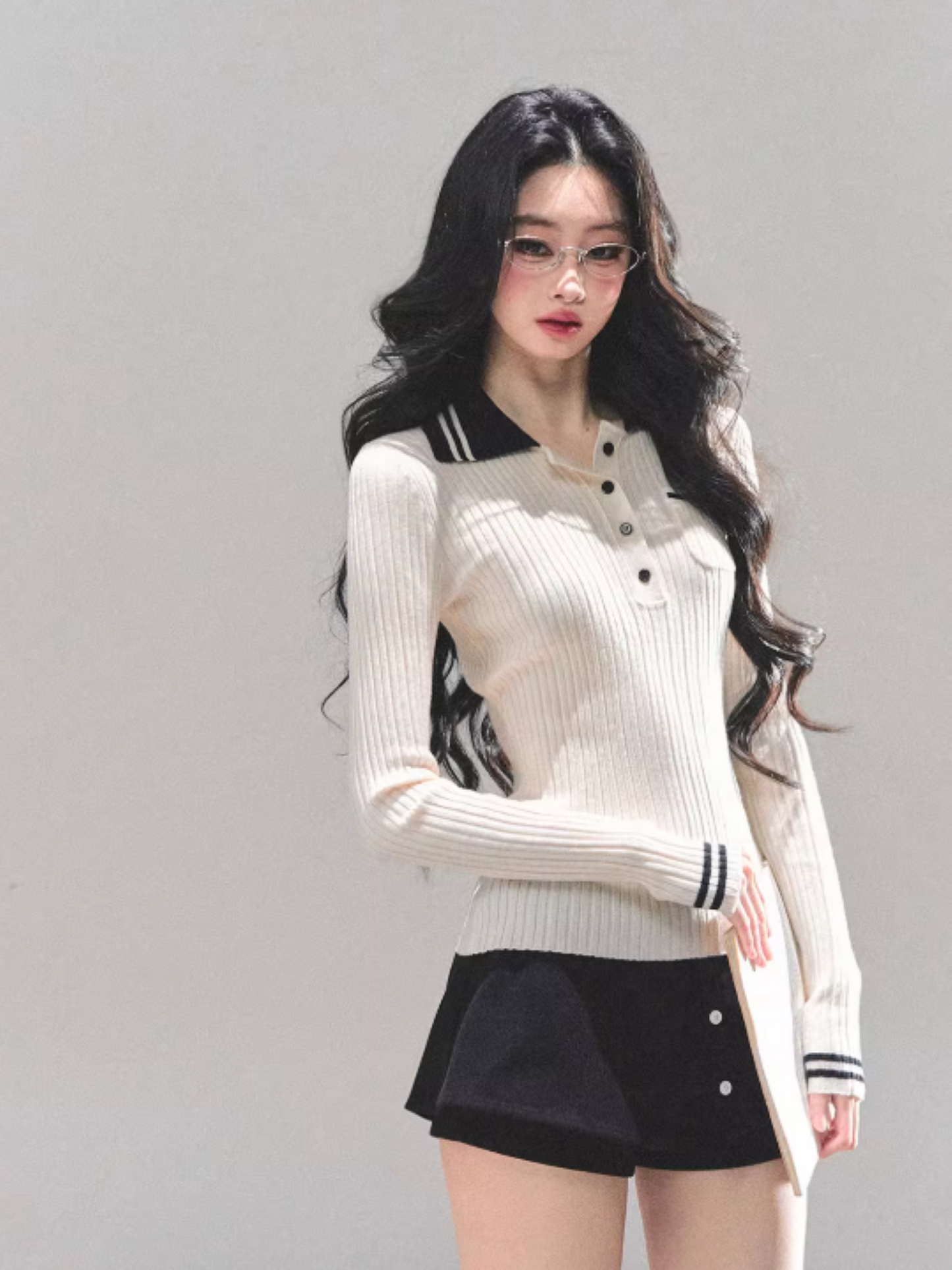 "温蒂的信" Classic Polo Collar Knit Top - White