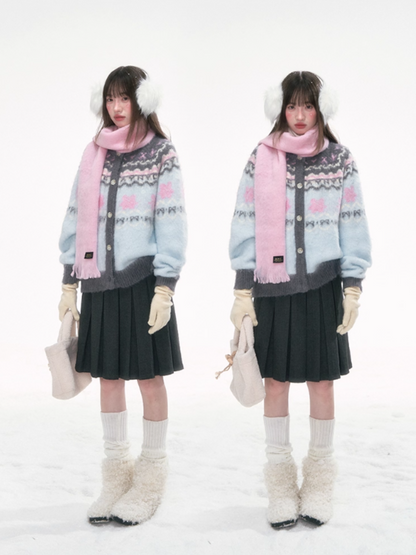 '甜梦蓝岛' Fair Isle Light Blue Knit Cardigan