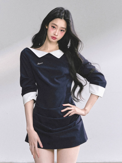 少也眼 Navy Blue High-End Hepburn Style Sexy Bodycon Mini Dress