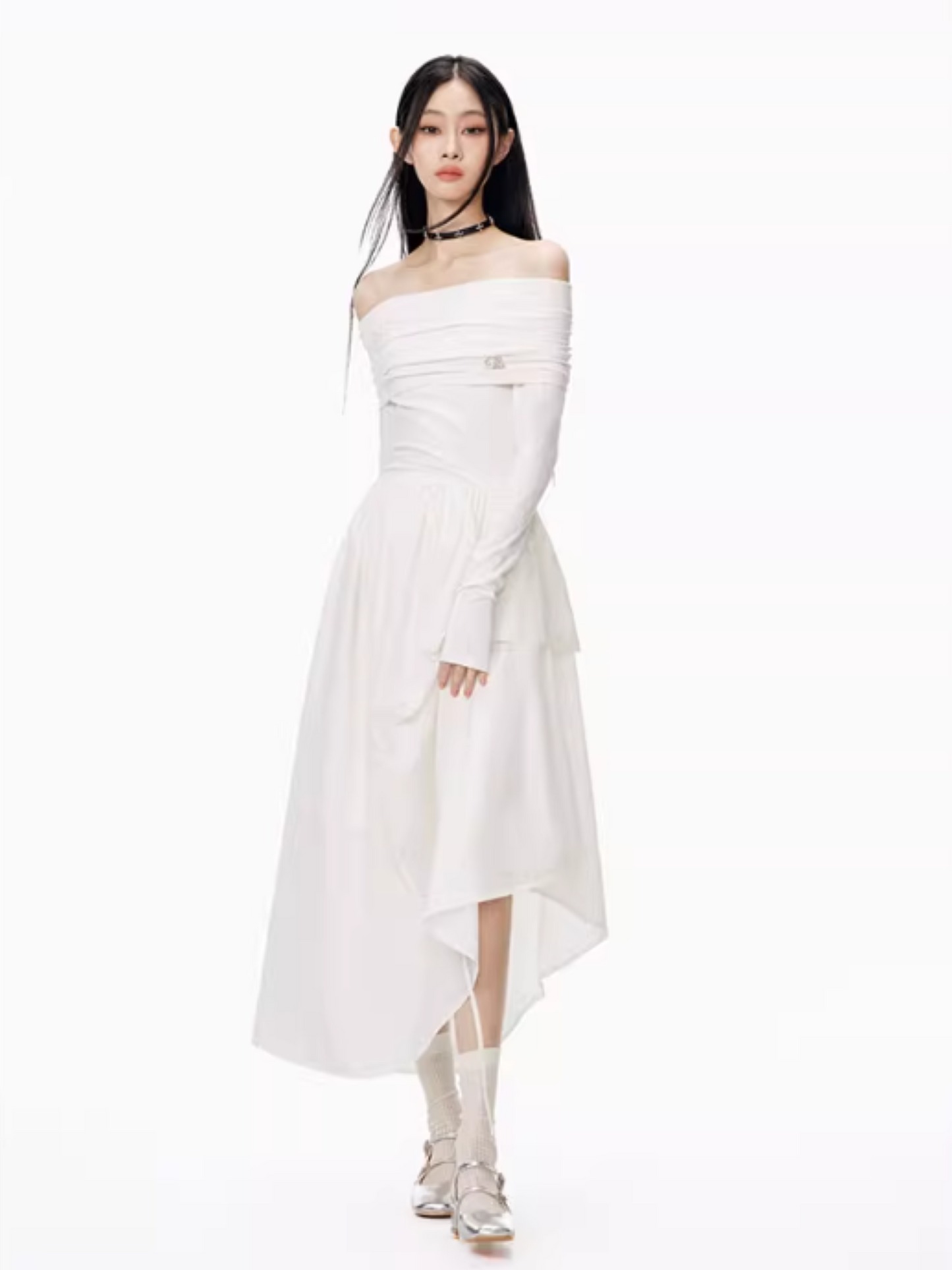 PCH - Hepburn Style Off-Shoulder Long Dress (White)