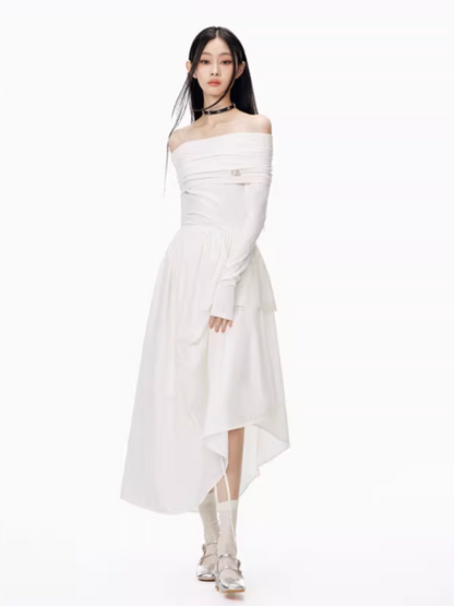 PCH - Hepburn Style Off-Shoulder Long Dress (White)