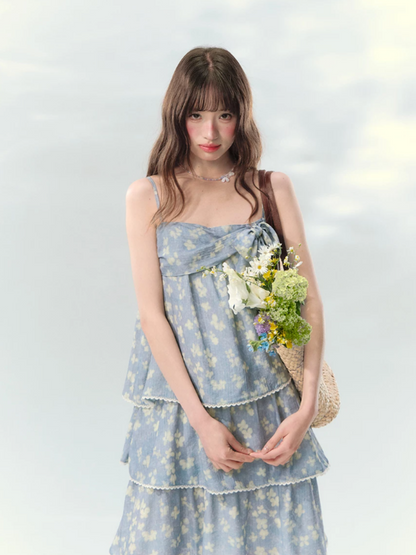 “Blue Mist Petals” Dusty Blue Floral Tiered Mini Dress LL2026120