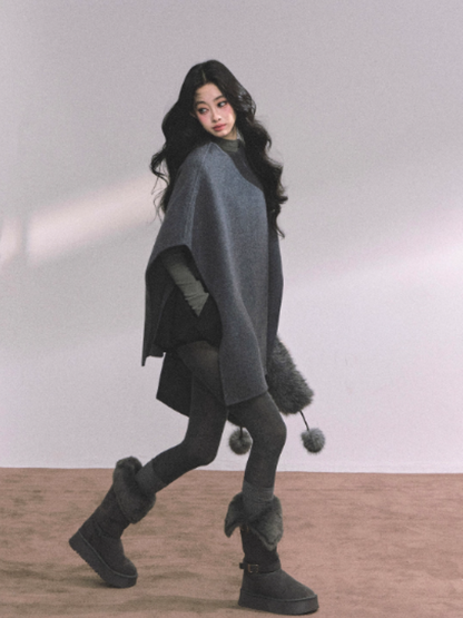 少也眼 French-Inspired Double-Faced Wool Cape Coat – Gray