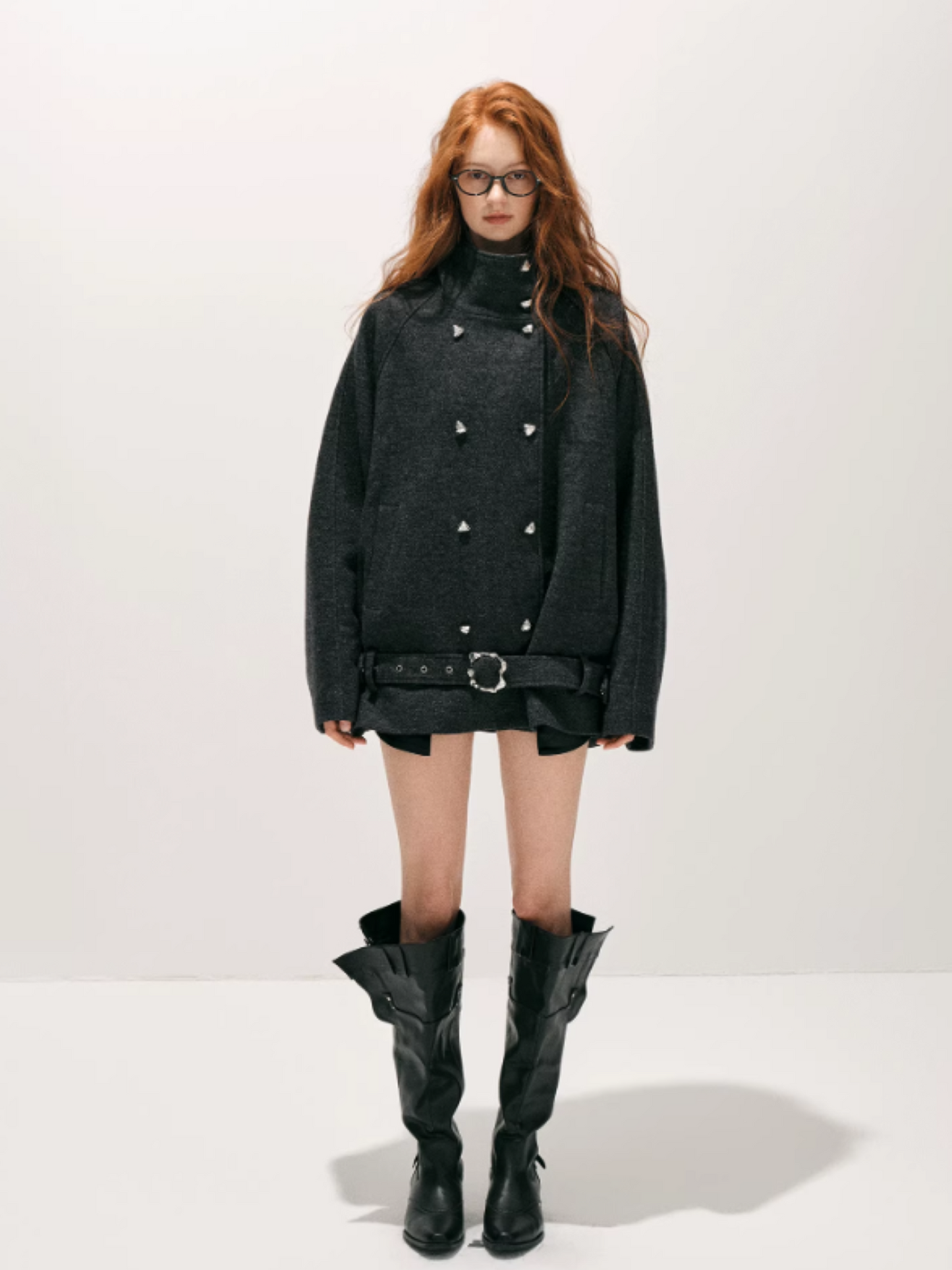 "柔廓定理" Wool-Blend Structured Military Coat with Stand Collar