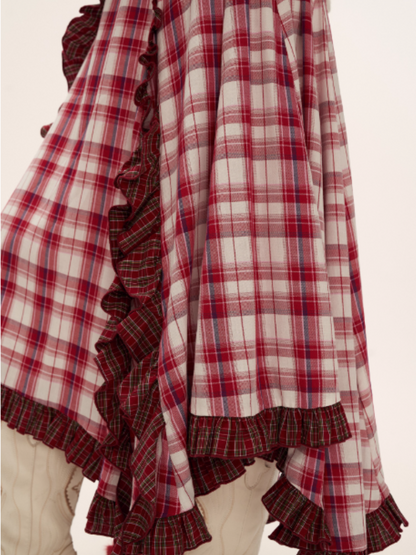 Asymmetrical Plaid Maxi Skirt with Ruffle Hem WE814 (Red)