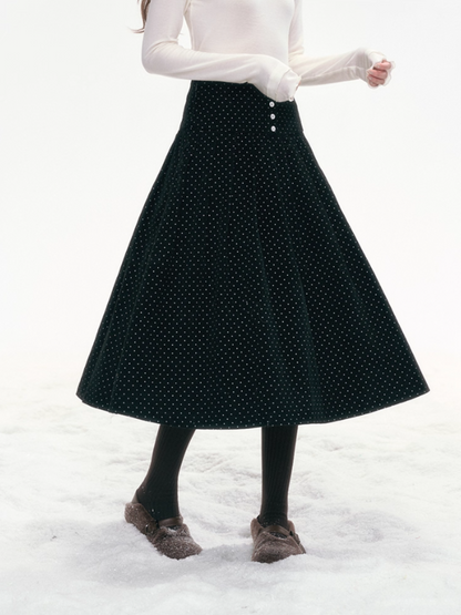 "Polka Waltz" Corduroy Pleated Skirt – Black/White Dot SJ2025333