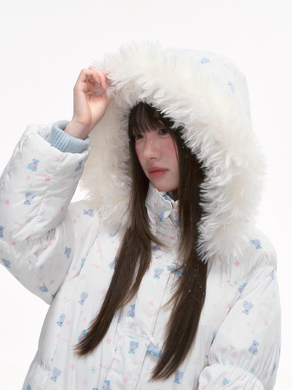 '落雪熊迹' Puffer Jacket with Faux Fur Hood & Blue Bear Print