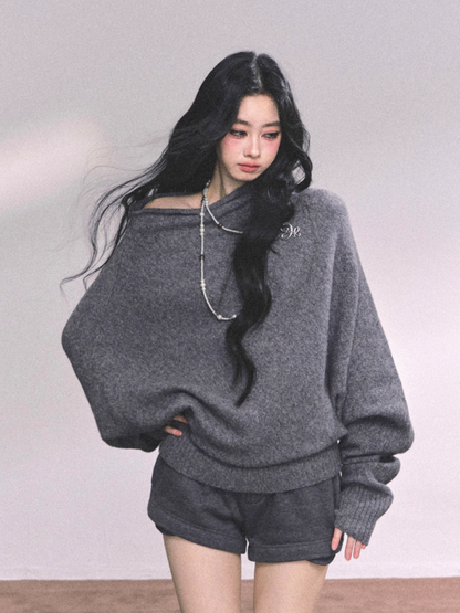 少也眼 Korean Off-Shoulder Slouchy Knit Sweater