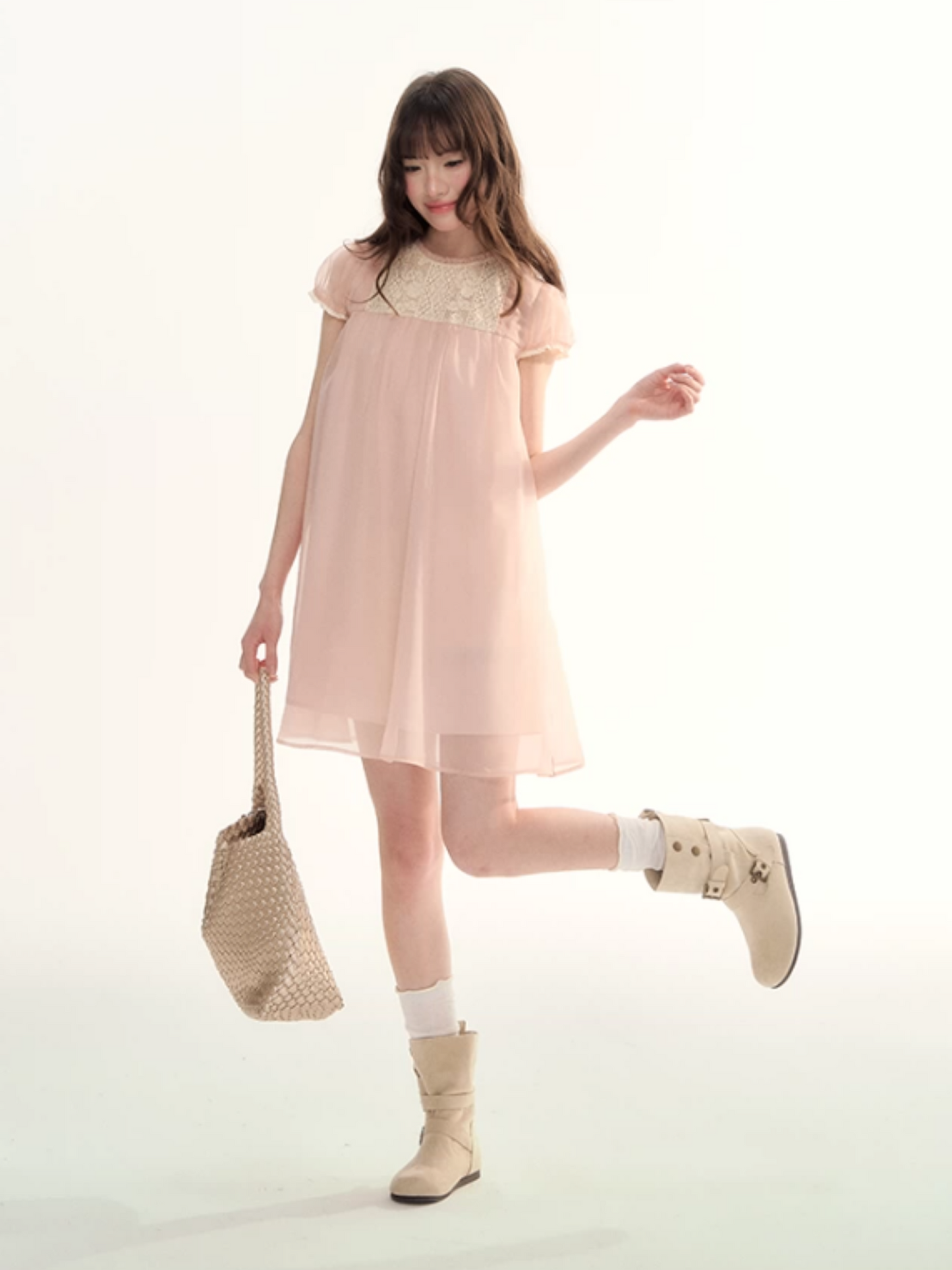 Sheer Lace Trim Puff Sleeve Babydoll Dress LL2026103