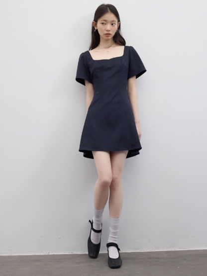 FUSSED Elegant Lady Square-Neck Linen-Cotton Dress – Moon Shadow Blue FOF-25SS079