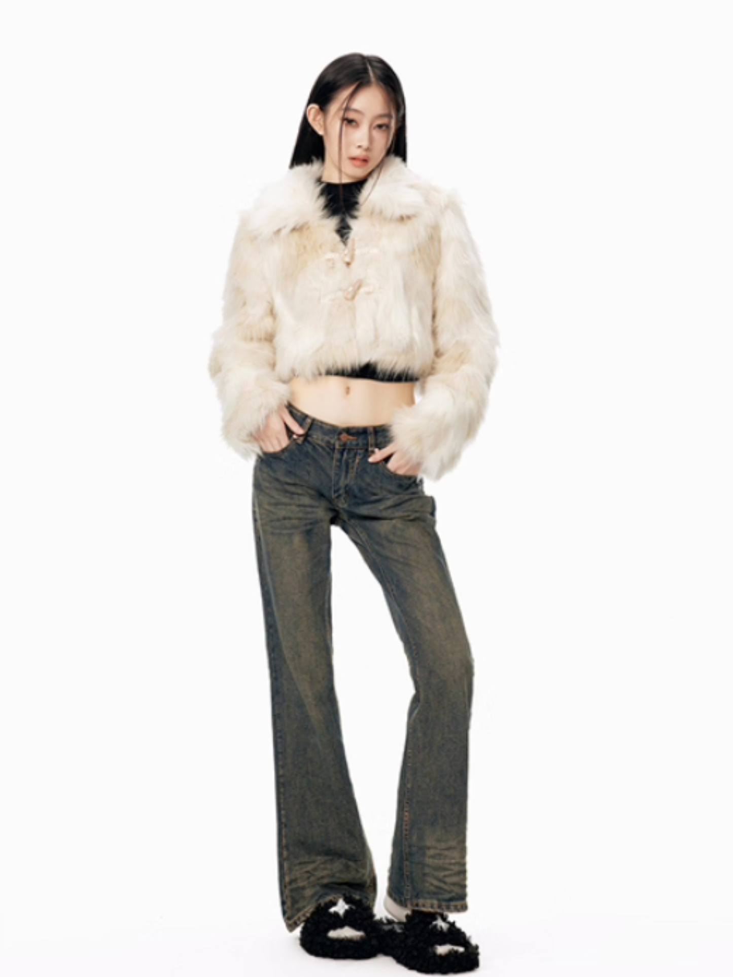 PCH - Cream White Faux Fur Coat with Toggle Buttons