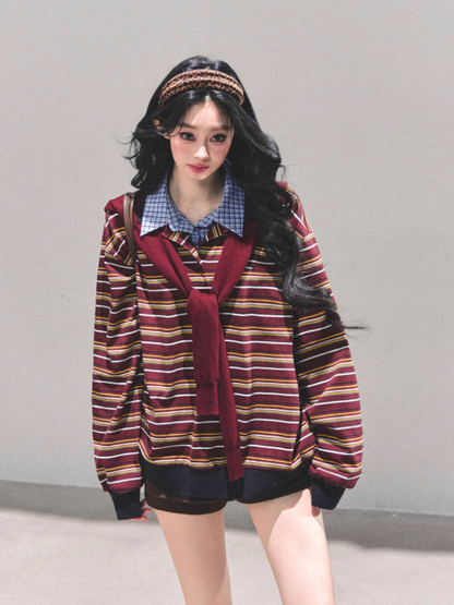 少也眼 "Unfinished Poem" Striped Polo Long Sleeve - Wine Red Striped