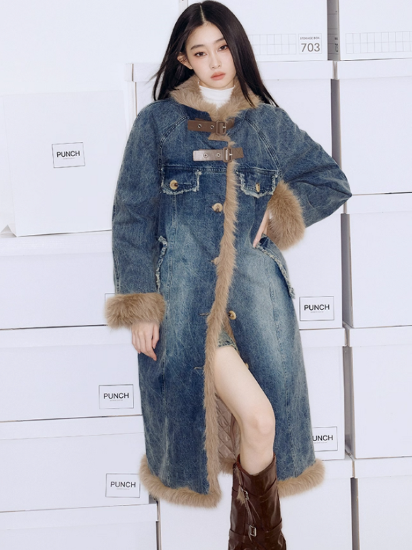 PCH - Long Cotton Coat with Plush and Washed Denim Panels