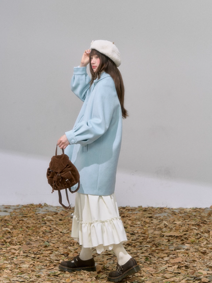 "风吟花语" Sugar Blue A-Line Wool Coat with Detachable Floral Pockets