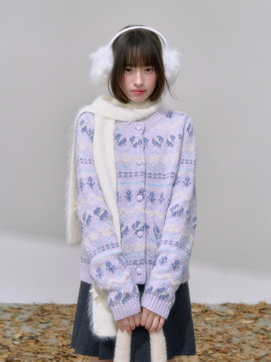 [CAN] Purple Fair Isle Wool-Blend Knit Cardigan