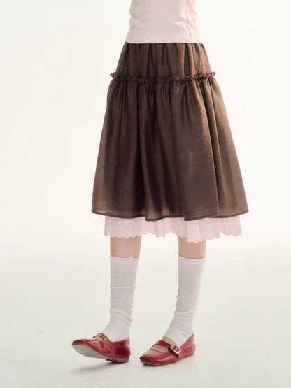 Lace Trim A-Line Elastic Waist Midi Skirt WW2026098