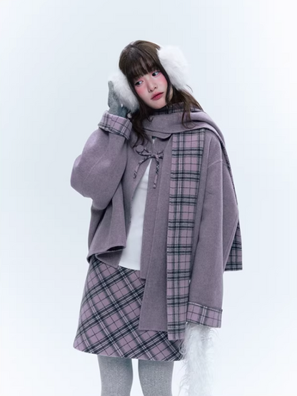 CREAMO2奶油氧气 - Soft Mauve Reversible Plaid Wool Cape Coat Set