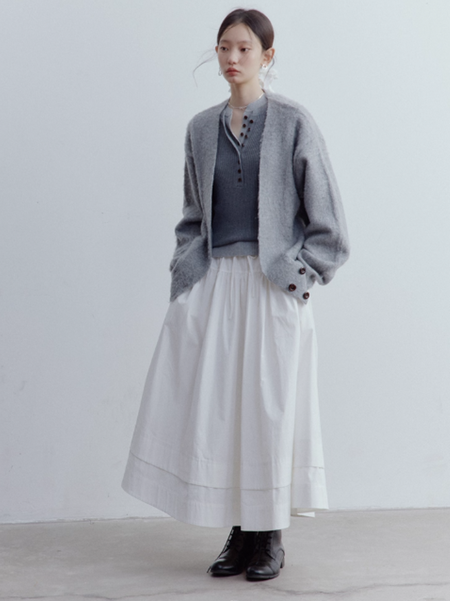 FUSSED Lazy Furry Mist Gray Wool & Mohair V-Neck Cardigan FOF-25SS177
