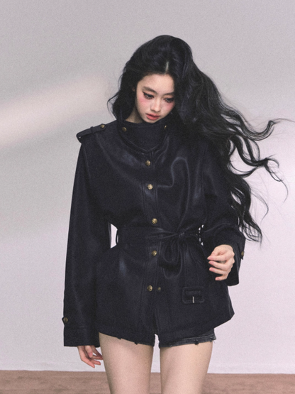 "英区时差" American Cool Girl PU Leather Jacket – Black/ Coffee