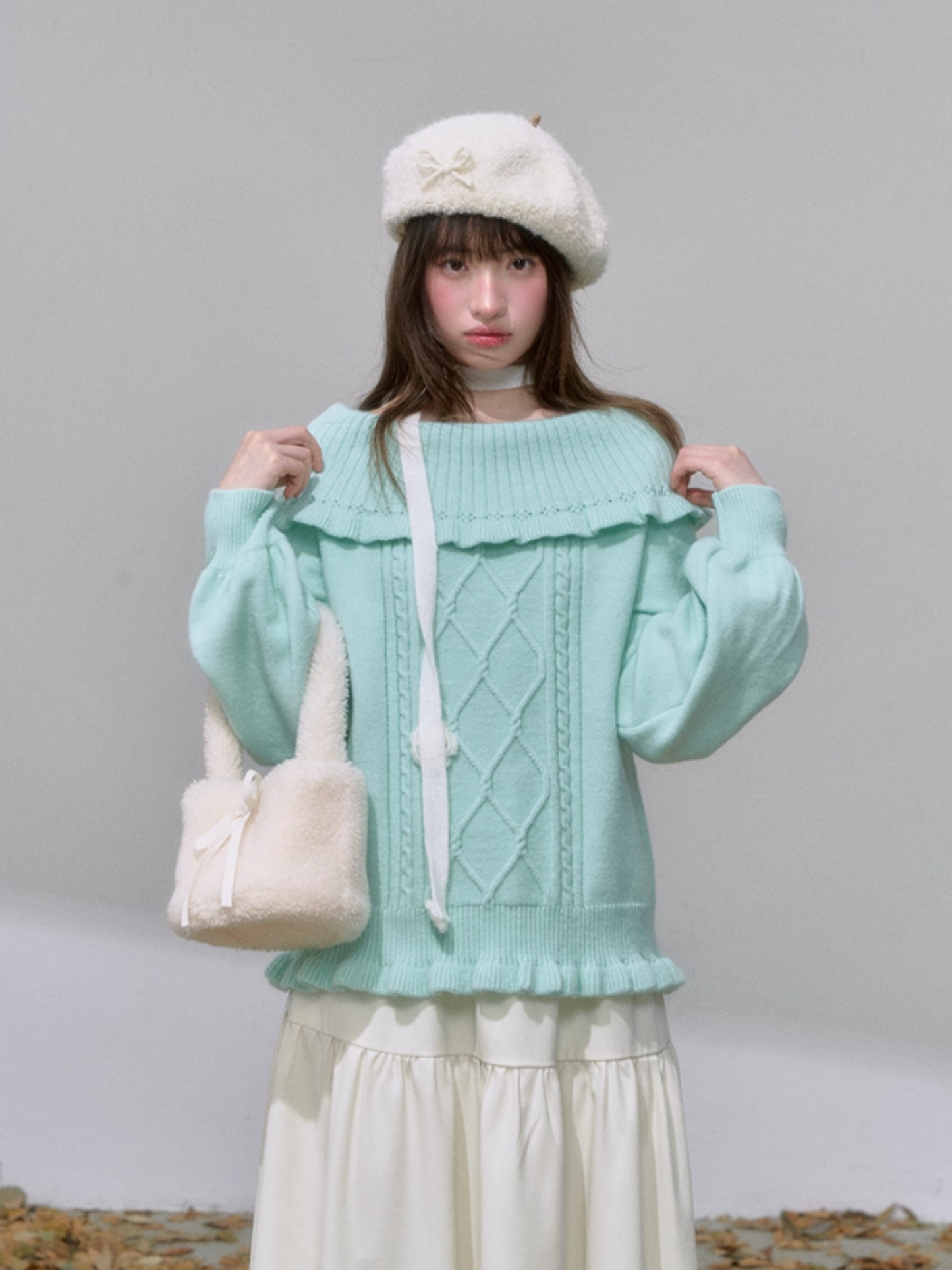 "薄荷云诗" Mint Green Korean Off-Shoulder Cable Knit Sweater
