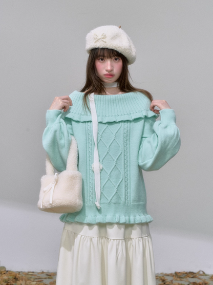 "薄荷云诗" Mint Green Korean Off-Shoulder Cable Knit Sweater