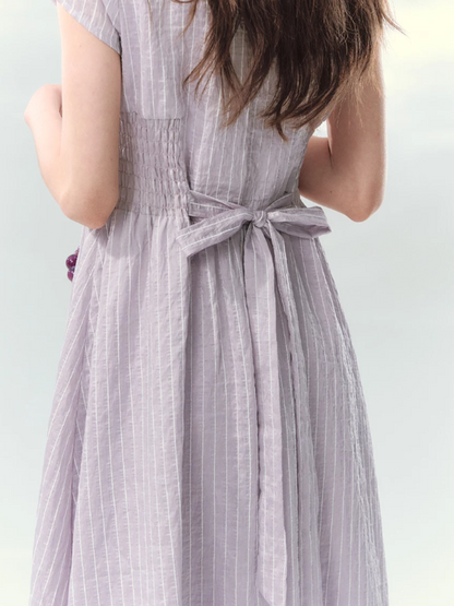 “Lavender Tea Mist” Lilac Stripe Puff Sleeve Dress LL2026137