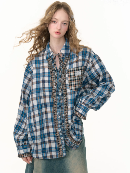 ZiziFei - Oversized Vintage Plaid Shirt with Ruffles