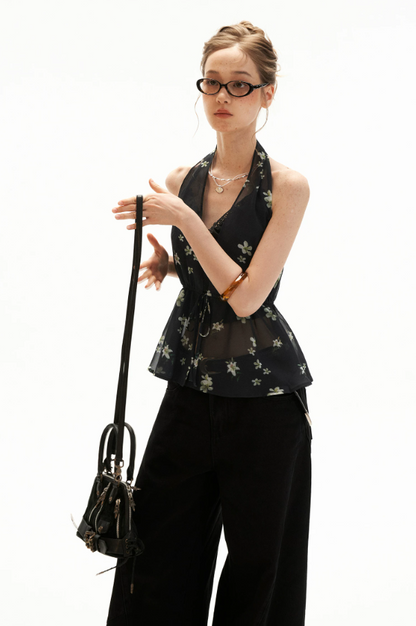 Black Vintage Floral Halter Cardigan Set