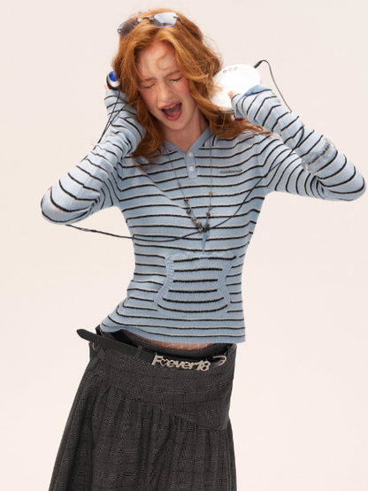 MAMC - Soft Blue Striped Knit Hoodie Top