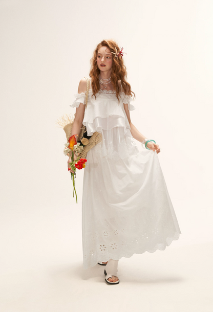 White Lace Ruffle Cami & Eyelet Maxi Skirt Set  WE991