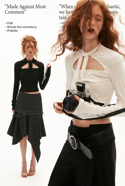 MAMC - Lace-Up Cutout Waist-Sculpt Long Sleeve Top (Black/ White)