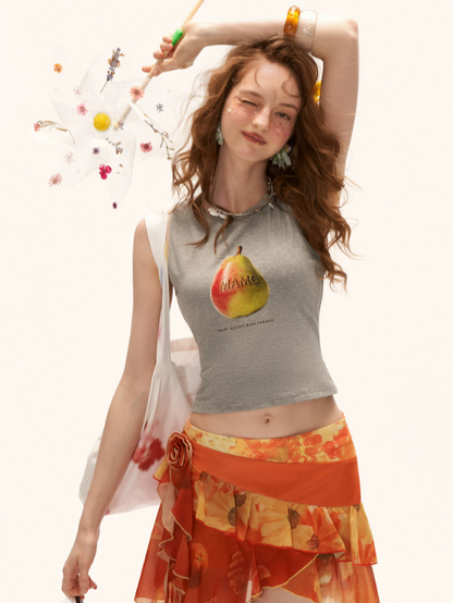"Retro Pear Pop" Cropped Sleeveless Tank Top WE983