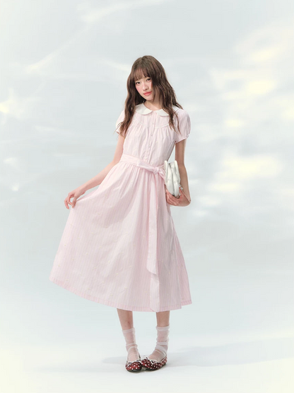 “Pink Mist Soufflé” Blush Pink Embroidered Doll Collar Dress