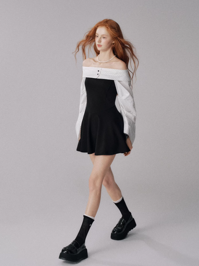 Off-Shoulder Knit Dress with Lantern Sleeves (Black & White)