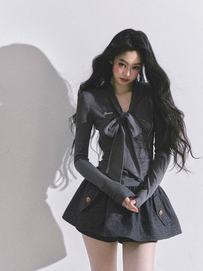 少也眼 Suzy Inspired Minimal Korean V-Neck Slim Fit Long Sleeve Top