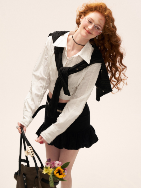 MAMC - Layered Striped Waist-Cinched White Shirt WE727