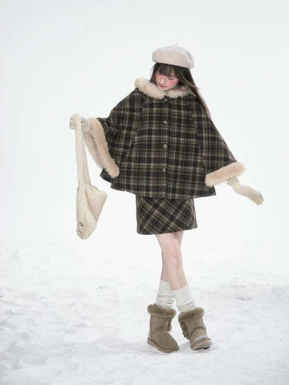 達淵如 - Plaid Cape With Fur Set