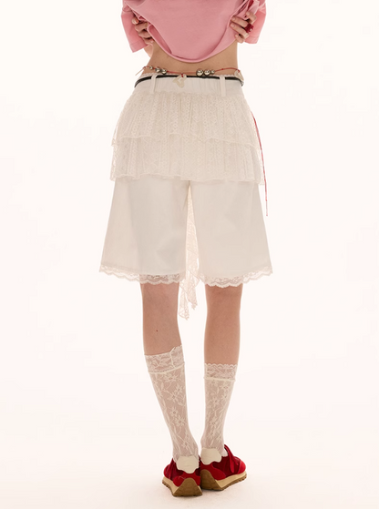 MAMC - Layered Lace Trim Shorts – White Summer Relaxed Fit