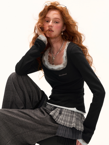 MAMC - Layered Lace Trim Long Sleeve T-Shirt (Black)