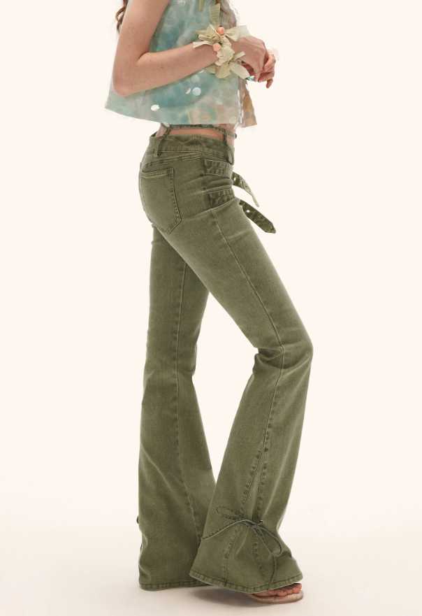 Vintage Multi-Belt Flared Jeans - Olive Green WE938