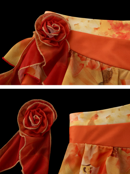 "Sunset Orange Bloom" Asymmetric Layered Mini Skirt WE942